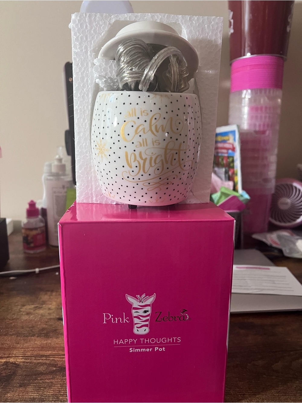 Pink Zebra White & Gold 'All is Calm All is Bright Wax Warmer Simmer Pot